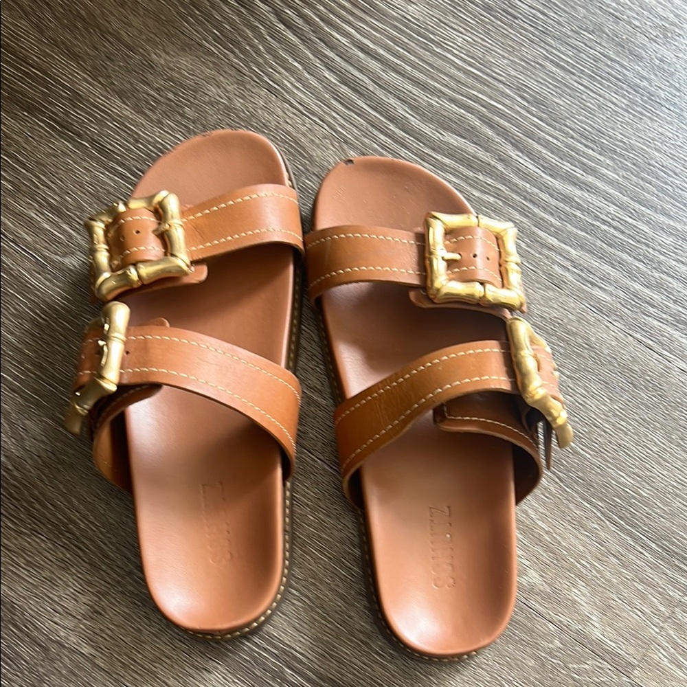 Brown Slide Sandals with Gold Buckles